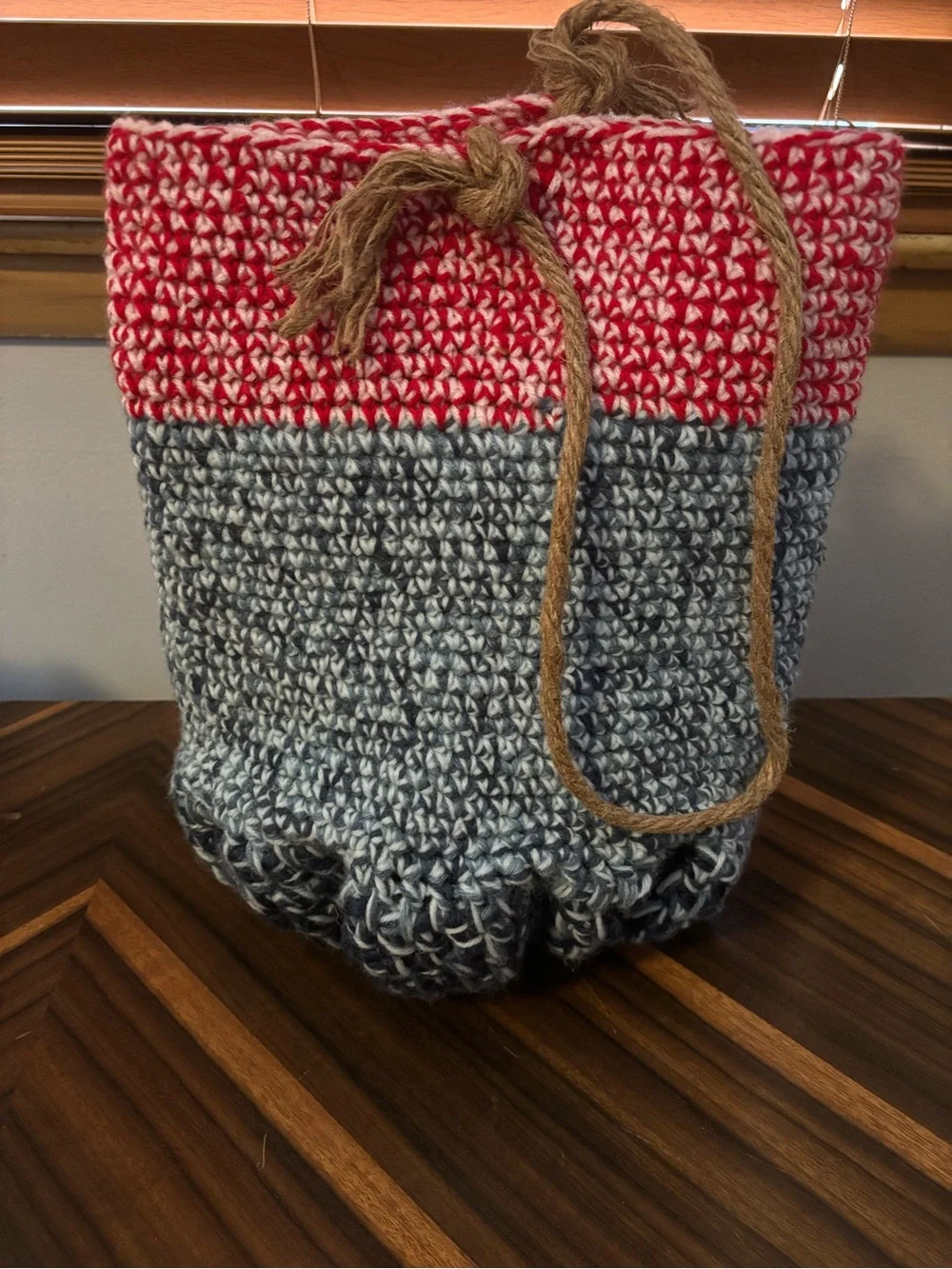 Hand-Crocheted Bucket Bag in Red & Light Blue & Dark Blue